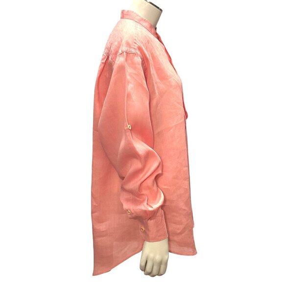 CCC Pastel Pink Button Up Long Sleeve Linen Tunic Top With Mandarin Collar Large - Picture 4 of 6